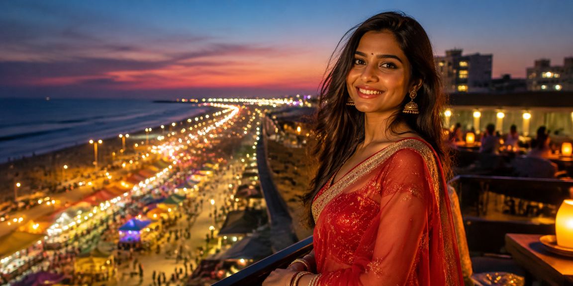 Indian woman playing online card games by Marina beach Chennai